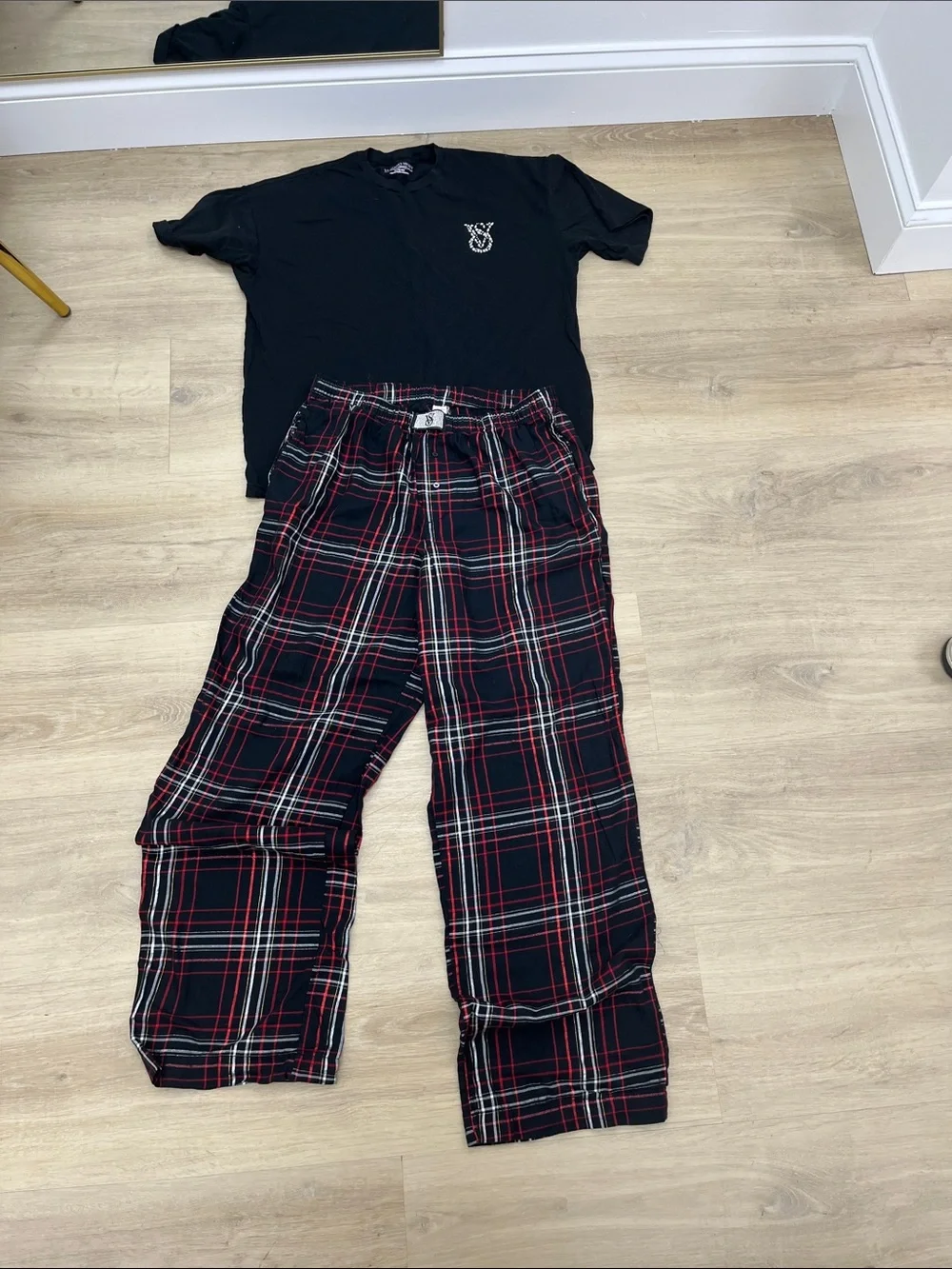 Victoria's Secret Black Tee with Red & White Plaid Pajama Pants